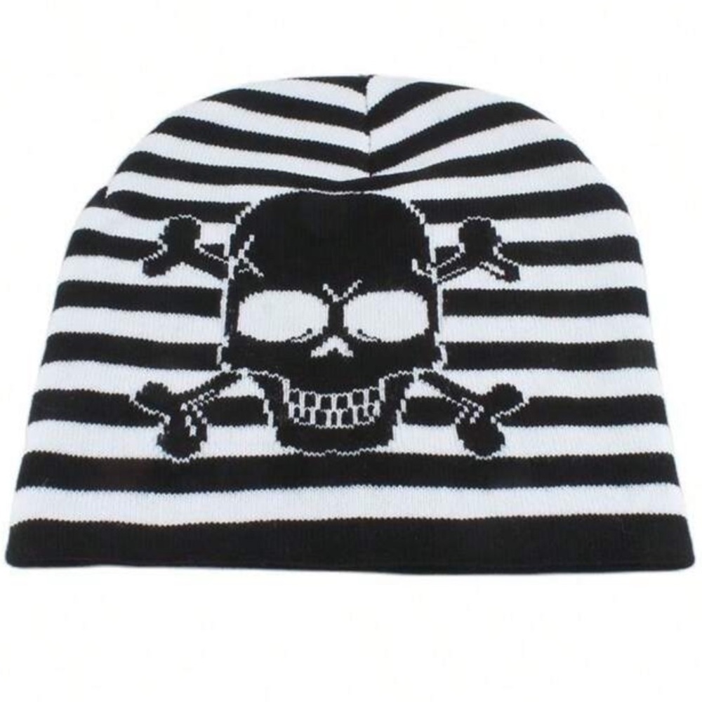 Black and White Striped Skull Beanie